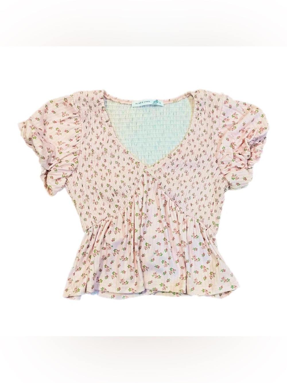 Altar’d State Smocked Pink Floral Peplum Puff Sleeve Cottagecore Peasant Top S